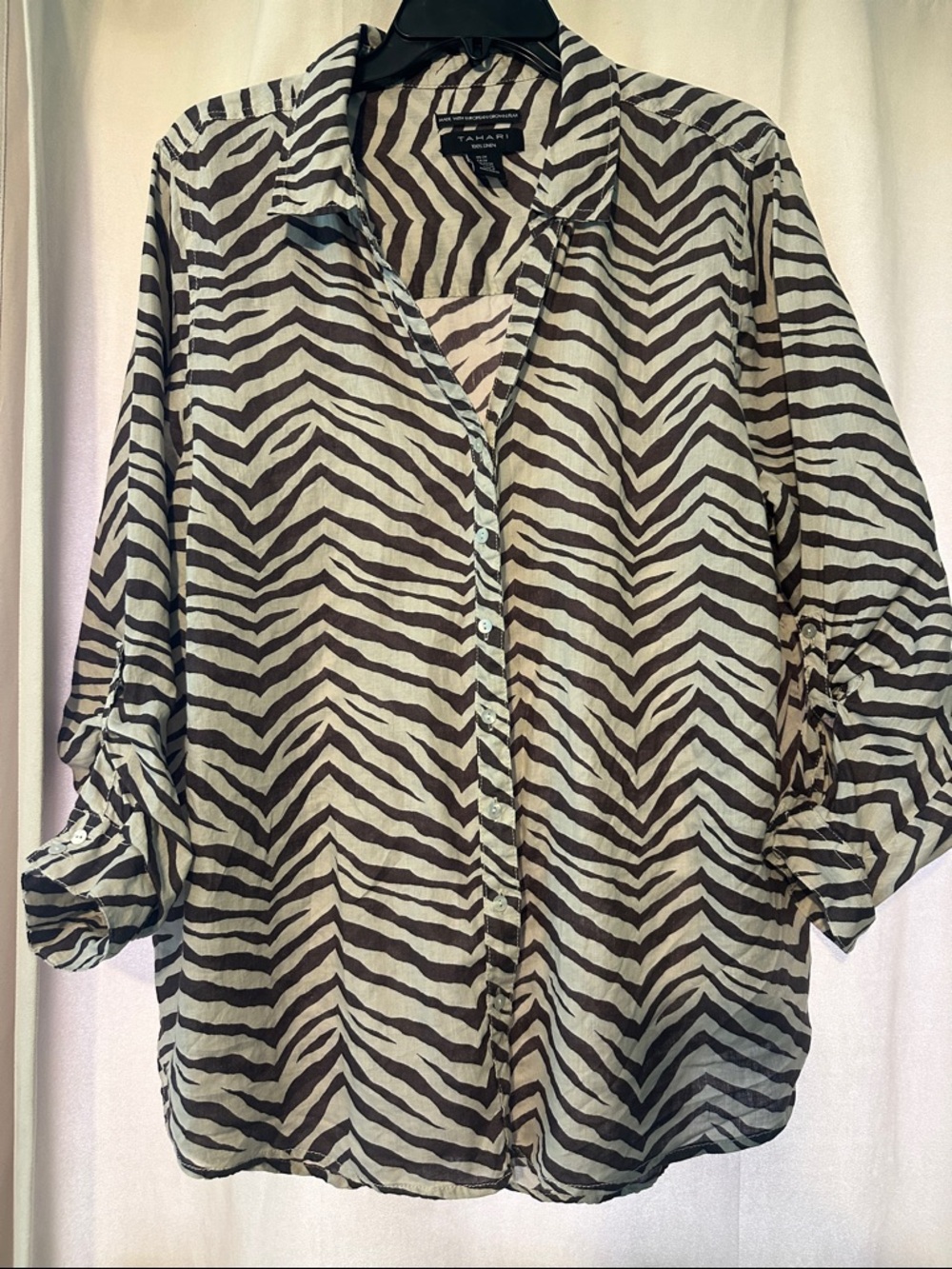 Tahari Black & Cream Zebra-Print Button Front Top